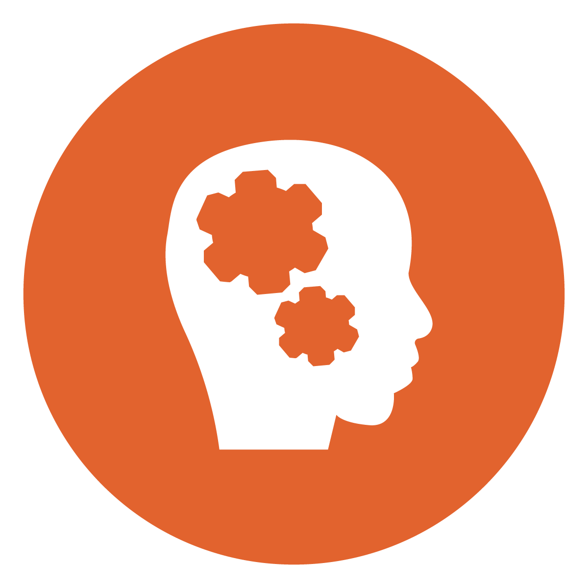 white silhouette profile of head with gears inside a dark orange circle