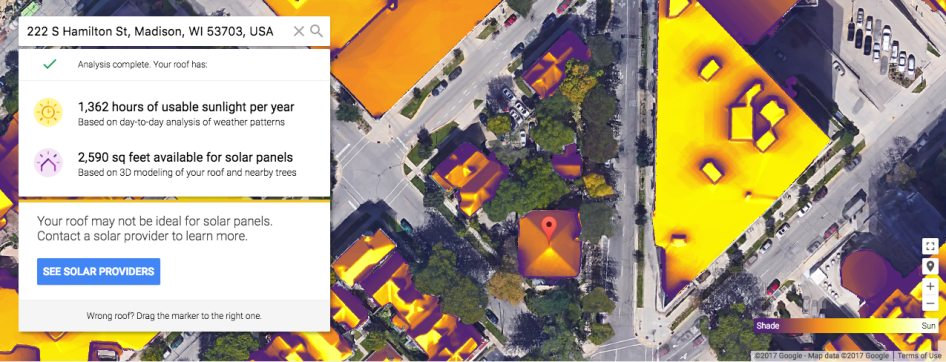 heat map satellite view of downtown Madison indicating amount of sunlight on building roofs 