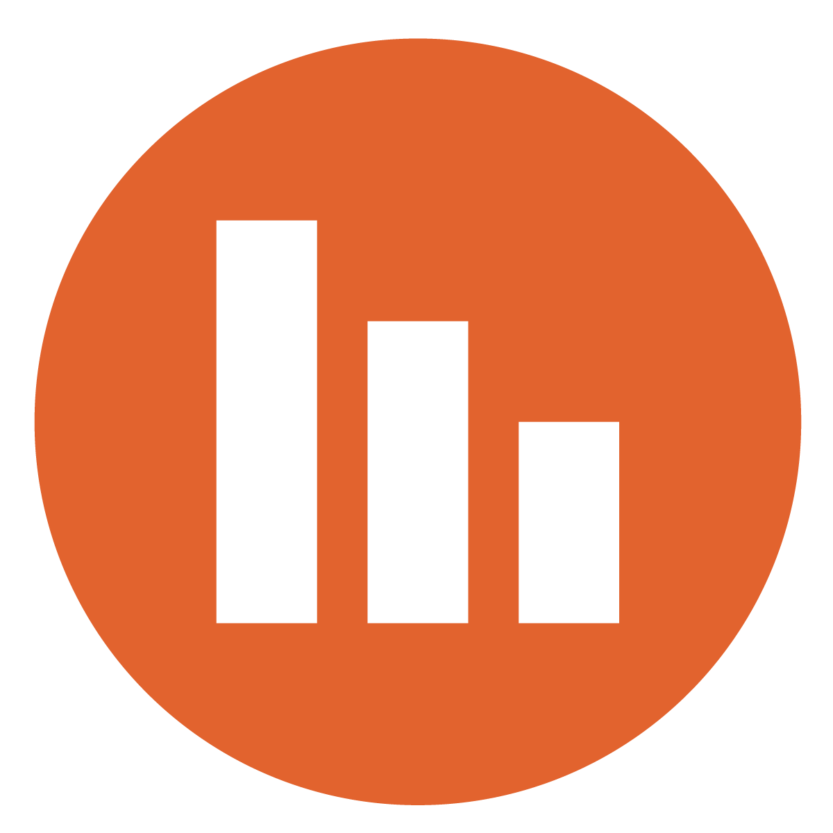 descending bar graphs in a dark orange circle